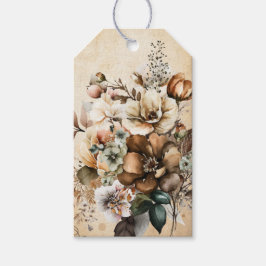 Etiqueta Para Presente Elegante Buque Floral Boho Vintage Creme e Marrom