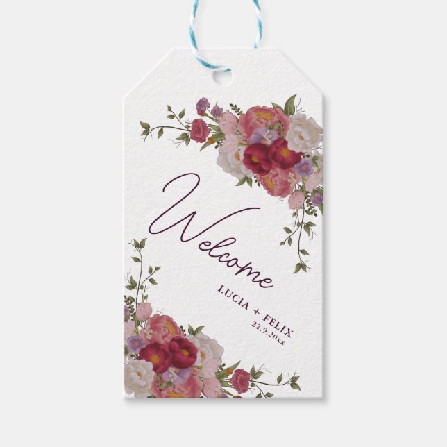 Etiqueta Para Presente Elegante Burgundy Floral Weding Bem-vindo (Frente)