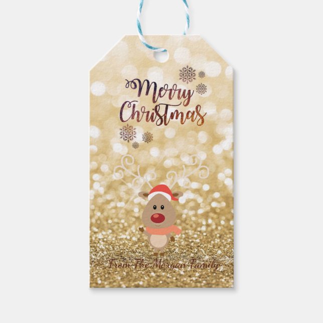 Etiqueta Para Presente Elegante, Cartoon Reindeer, Glittery Bokeh (Frente)
