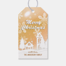 Etiqueta Para Presente Elegante Casa de Neve Branca Dourada Natal Ano Nov