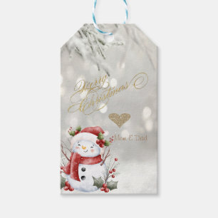 Etiqueta Para Presente Elegante Coração de Brilho Dourado Boneco de Neve