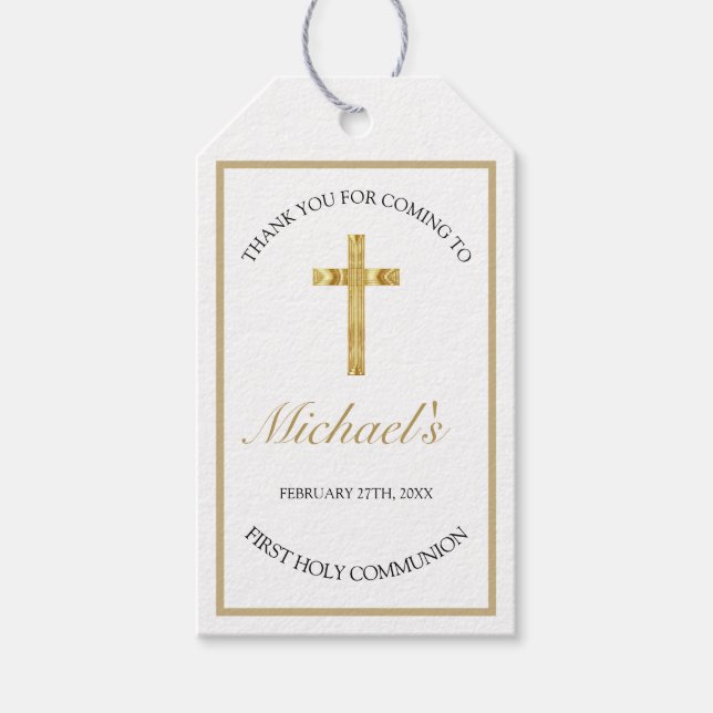 Etiqueta Para Presente Elegante Cruz de Ouro Primeira Comunhão Branca (Frente)