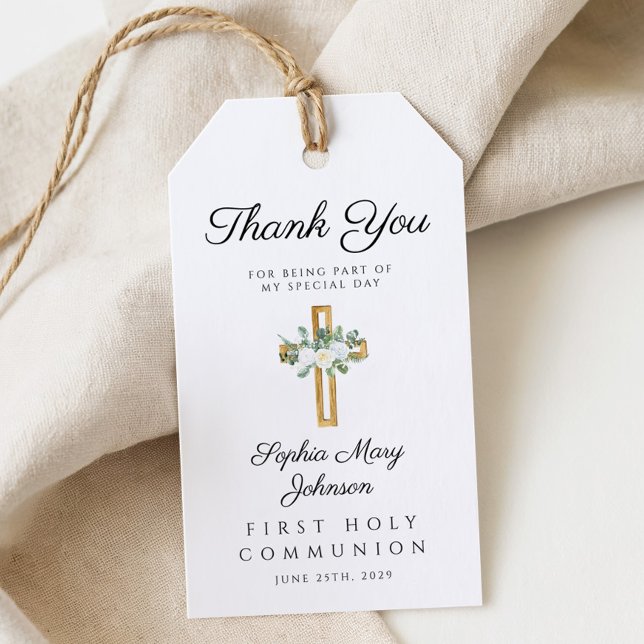Etiqueta Para Presente Elegante Cruz Floral Primeira Comunhão Obrigado (Elegant Floral Cross First Communion Thank You Gift Tags)