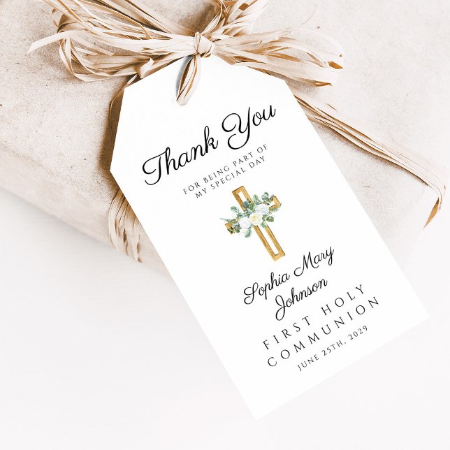 Etiqueta Para Presente Elegante Cruz Floral Primeira Comunhão Obrigado (Elegant Floral Cross First Communion Thank You Gift Tags)