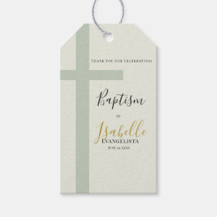 Etiqueta Para Presente Elegante Cruz Minimalista em Verde Sage e Dourado 