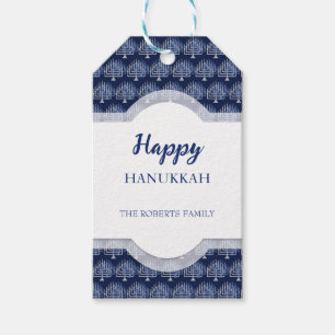 Etiqueta Para Presente Elegante Feliz Hanukkah Menorah Padrão Azul