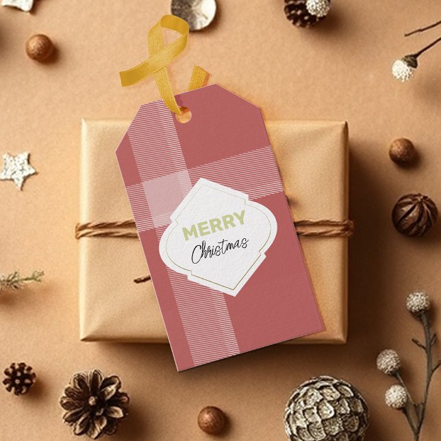 Etiqueta Para Presente Elegante Feliz Natal Tartan Burgundy (Criador carregado)
