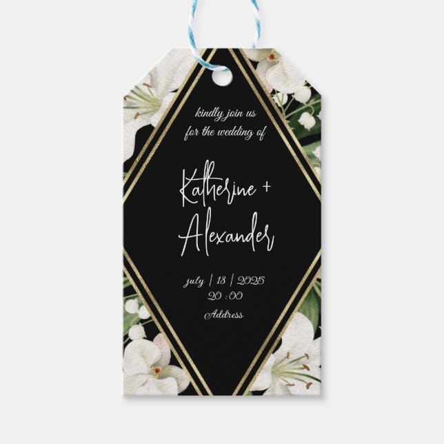 Etiqueta Para Presente Elegante floral aquarela preto e branco  (Frente)