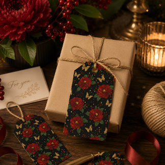 Etiqueta Para Presente Elegante Floral Vermelho Borboleta Dourada