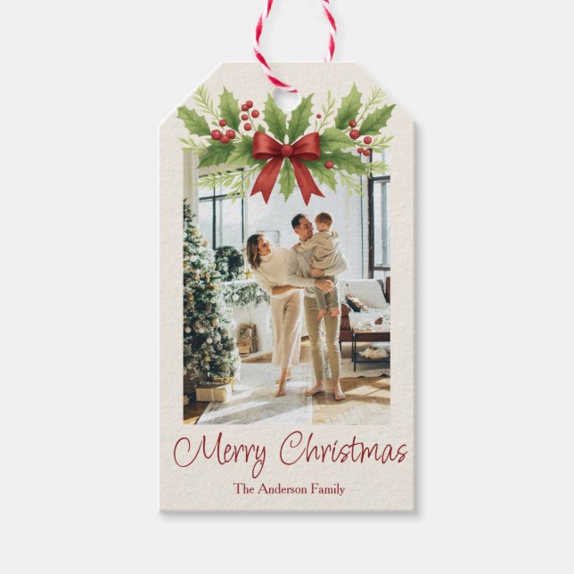 Etiqueta Para Presente Elegante Holly e Arco Vermelho Natal - (Frente)