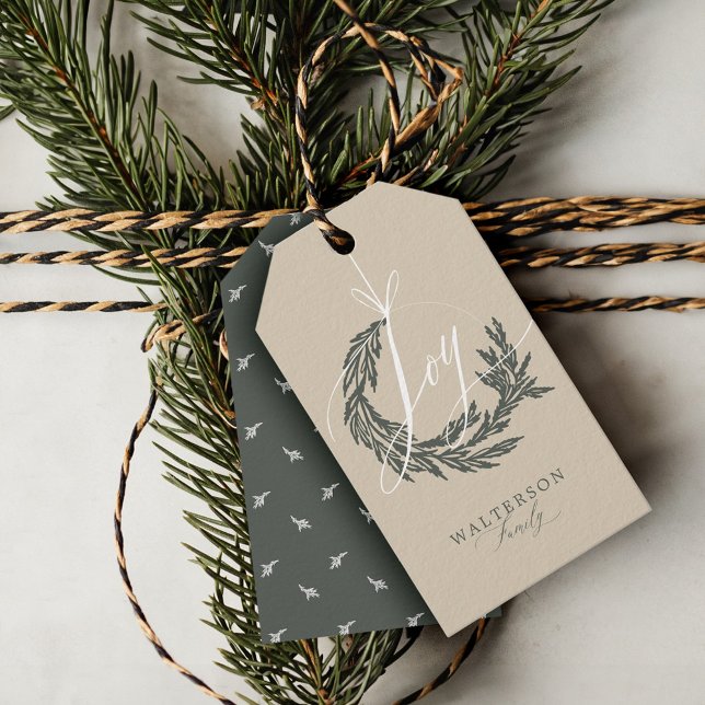 Etiqueta Para Presente Elegante Joy Calliografia Garland Wreath Family Na (Elegant Joy Calligraphy Garland Wreath Family Name Gift Tags)