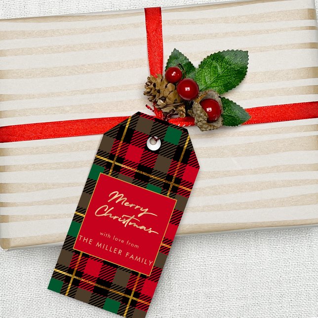 Etiqueta Para Presente Elegante Mínimo da Xadrez Verde Vermelha Tartan (Red Green Tartan Plaid Minimal Elegant Gift Tags)