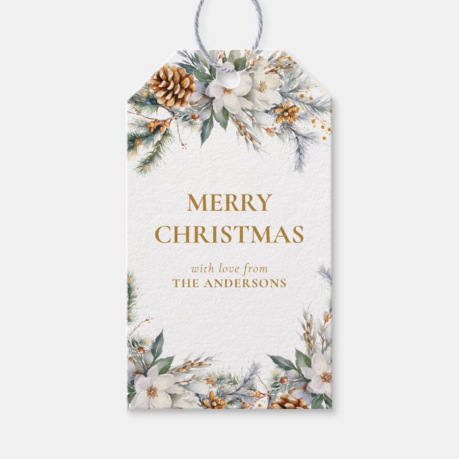 Etiqueta Para Presente Elegante Pine Tree Greenery | Dourado Natal (Frente)