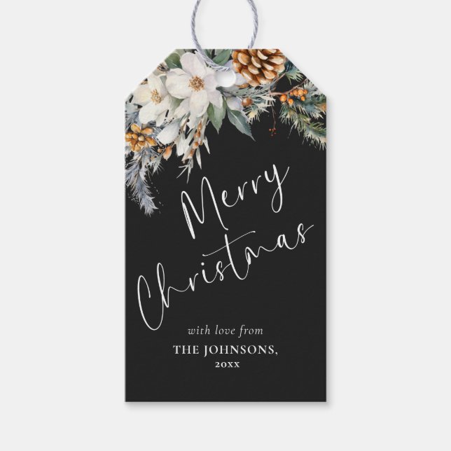 Etiqueta Para Presente Elegante Pine Tree Greenery | Natal Negro (Frente)