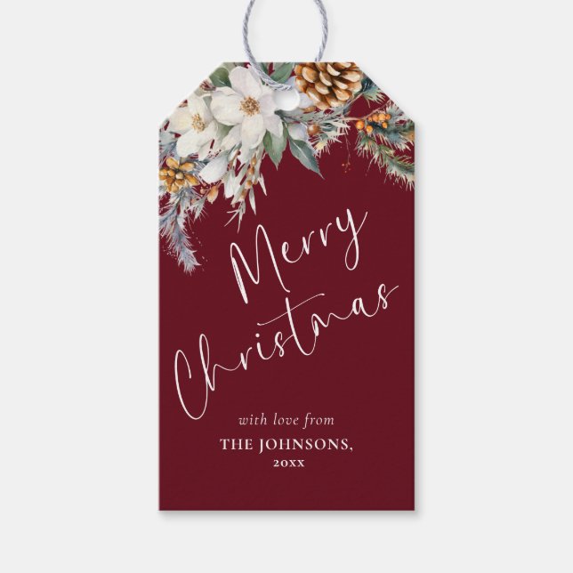 Etiqueta Para Presente Elegante Pine Tree Greenery | Natal Vermelho (Frente)