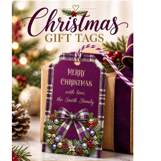 Etiqueta Para Presente Elegante Presente de Coroa de Natal Xadrez Roxo Do