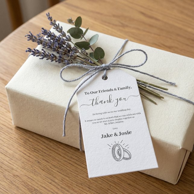 Etiqueta Para Presente Elegante Roteiro de Casamento Obrigado com Anéis (Elegant Script Wedding Thank You with Rings Gift Tags)