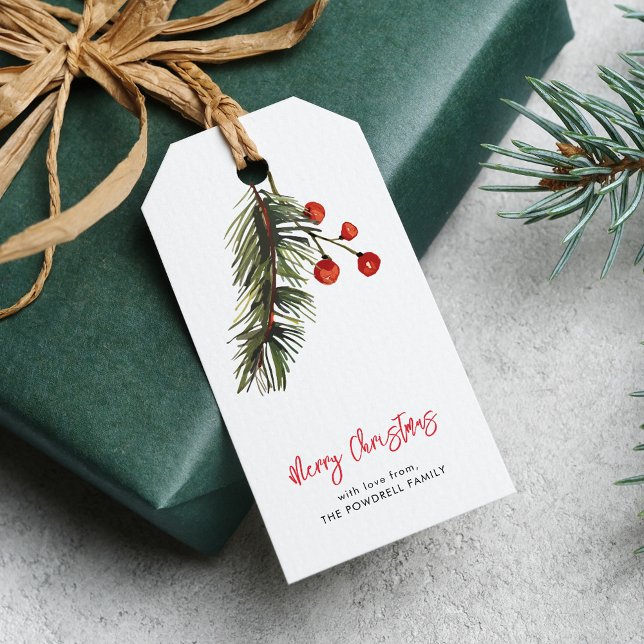 Etiqueta Para Presente Elegante Roteiro Red Berries Natal (Christmas Red Berries Script Family Gift Tag)