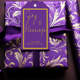Etiqueta Para Presente Elegante Roxo & Dourado 'Alegria & Bênçãos'