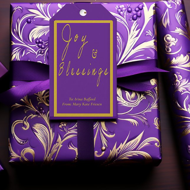 Etiqueta Para Presente Elegante Roxo e Dourado 'Alegria e Bênçãos' (Elegant Royal Purple and Gold Script 'Joy & Blessings' Gift Tag)