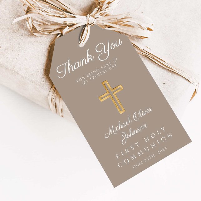 Etiqueta Para Presente Elegante Taupe Religiosa Primeira Comunhão (Elegant Taupe Religious Cross First Communion Gift Tags)