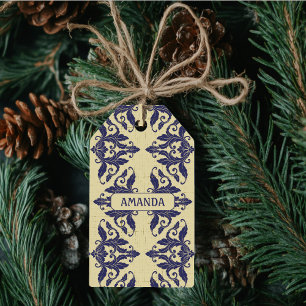 Etiqueta Para Presente Elegante vintage damask marinho Monograma amarelo 