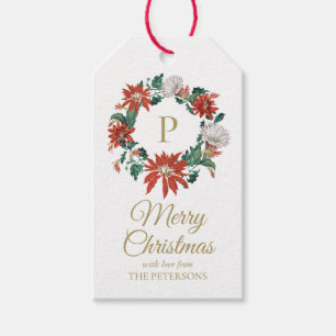 Etiqueta Para Presente Elegante Vintage Poinsettia Wreath Nome Dourado
