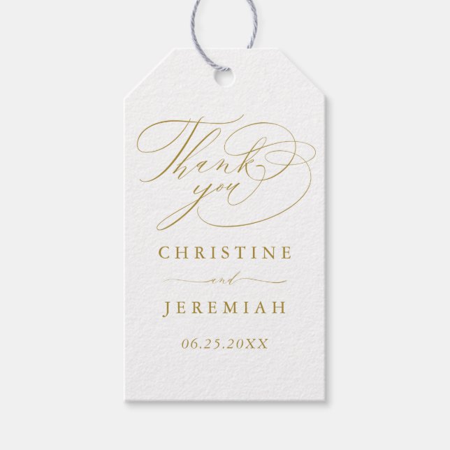 Etiqueta Para Presente Elegante White Dourado Script Names Casamento Obri (Frente)