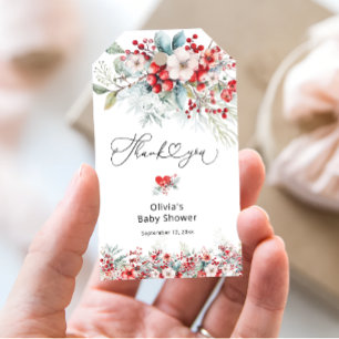 Etiqueta Para Presente Elegante Winter Floral Chá de fraldas Obrigado