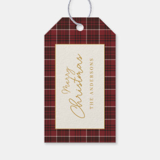 Etiqueta Para Presente Elegante Xadrez Tartan Vermelho de Natal 
