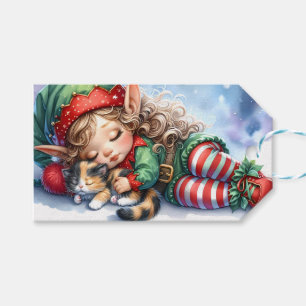 Etiqueta Para Presente Elfo de Natal Dormindo com Gatinho Calico