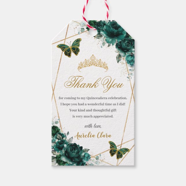 Etiqueta Para Presente Emerald Green Floral Butterflies Quince Birthday (Frente)