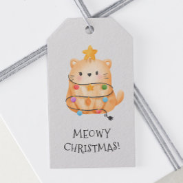 Etiqueta Para Presente Engraçado Gato Meowy Árvore de Natal Luzes Aquarel