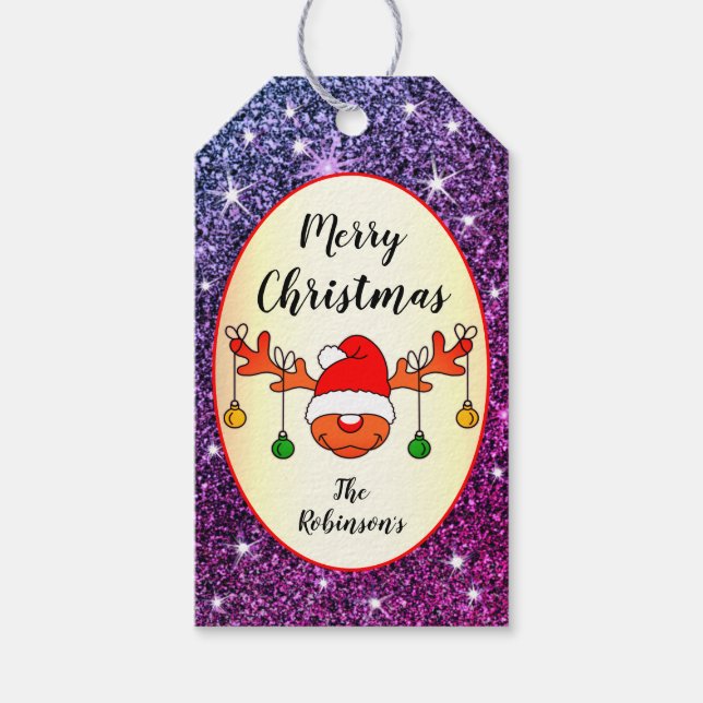 Etiqueta Para Presente Engraçado Natal Rudolph Reindeer Purple Glitter (Frente)