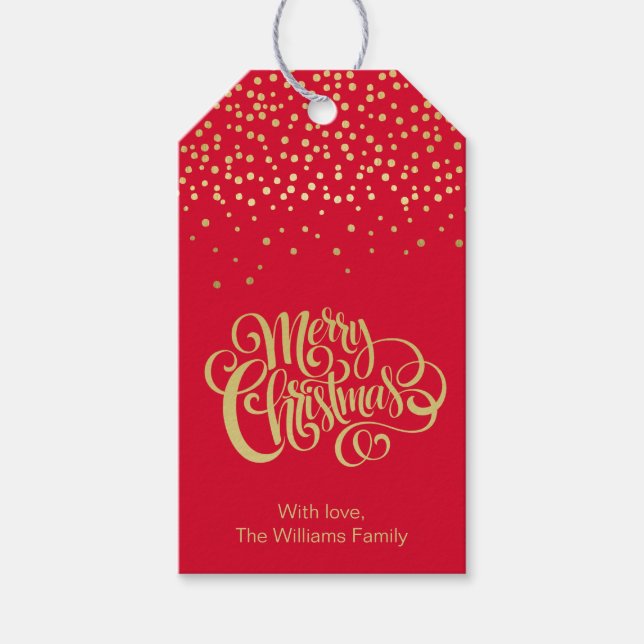 Etiqueta Para Presente Escrito Dourado Elegante e Natal Vermelho Confetti (Frente)