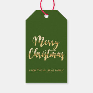 Etiqueta Para Presente Escrito elegante de Feliz Natal verde-ouro metáli
