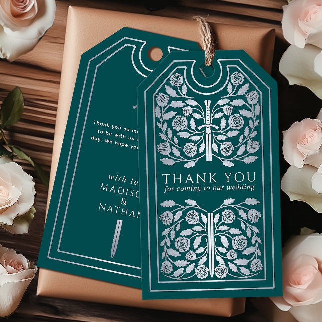 Etiqueta Para Presente Espada Prateada Medieval Verde Casamento Obrigado (Criador carregado)