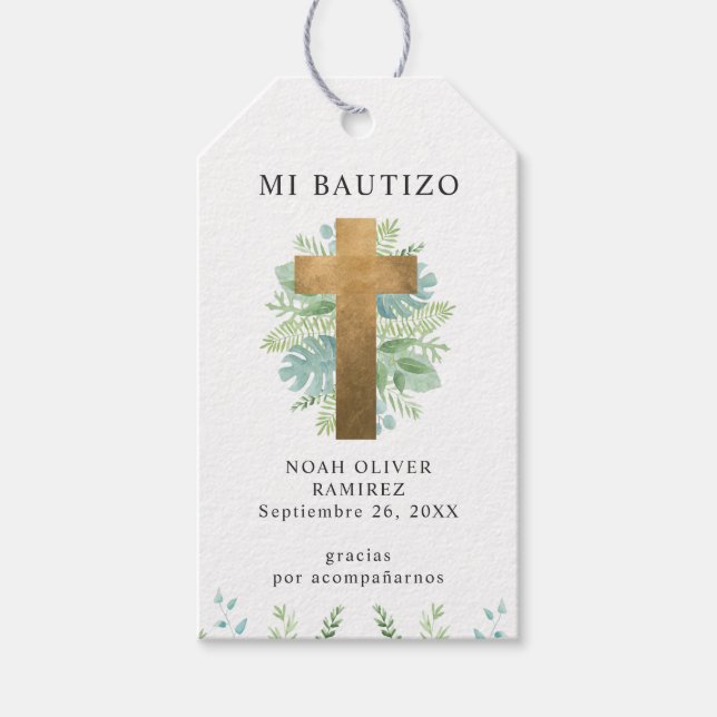 Etiqueta Para Presente Espanhol, Batismo Elegante Cruz Dourada com Verde (Frente)