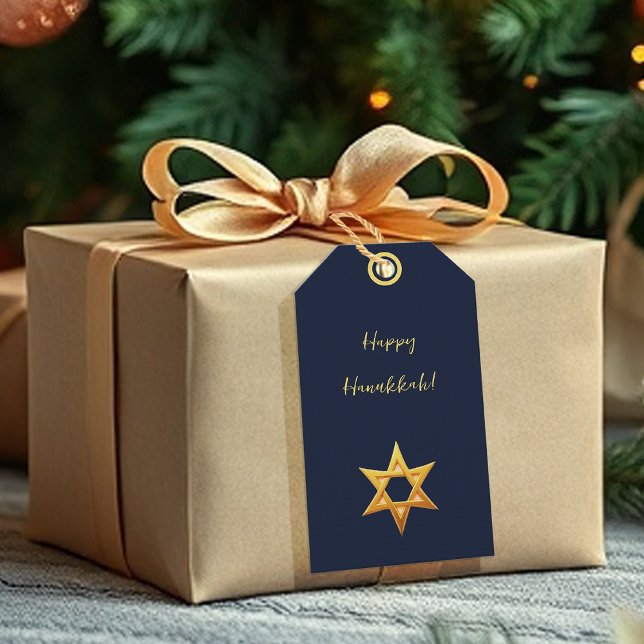 Etiqueta Para Presente Estrela de Davi Dourada Hanukkah Azul Marinho (Criador carregado)