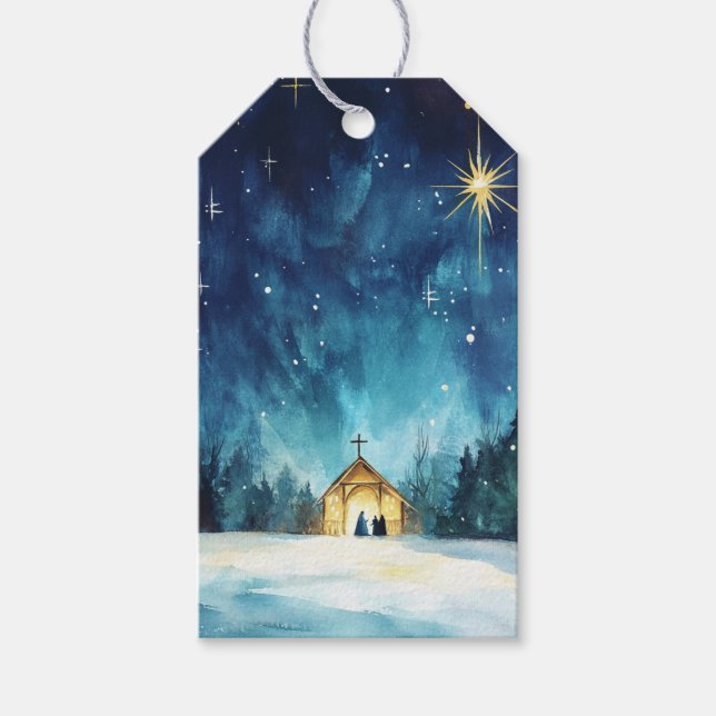 Etiqueta Para Presente Estrela de Natal Radiante sobre Belém (Frente)