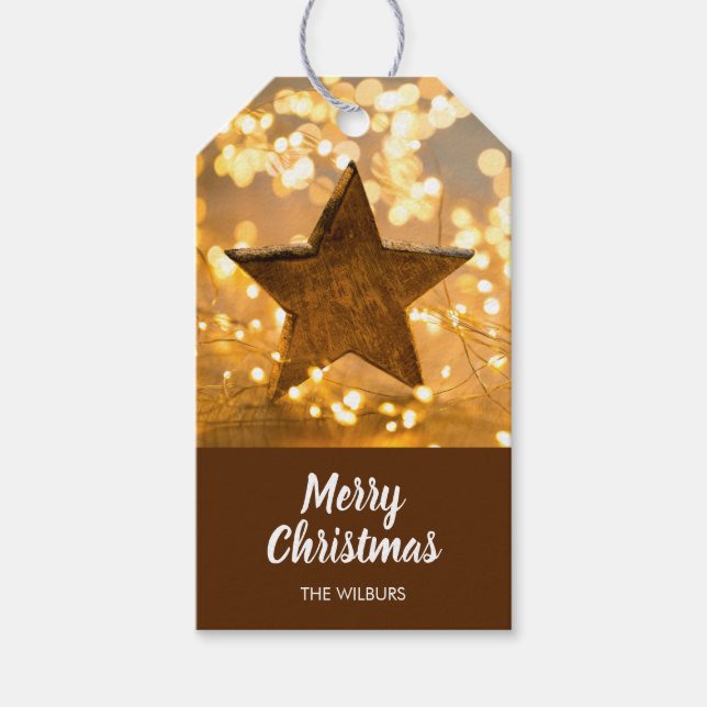 Etiqueta Para Presente Estrela Rústica e Luzes de Natal (Frente)