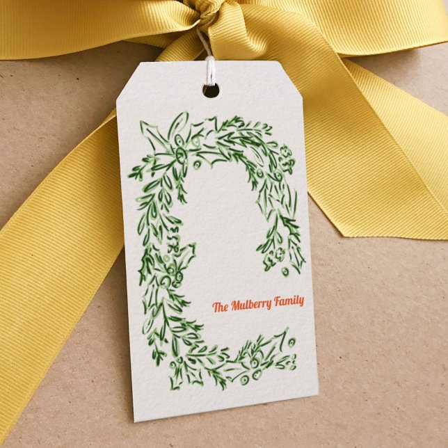 Etiqueta Para Presente Etiqueta de Presente de Ferro de Natal Verde (Watercolor Christmas wreath personalized family name gift tags.)