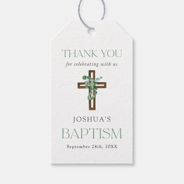 Etiqueta Para Presente Eucalyptus Modern Cross Baptism Obrigado (Frente)