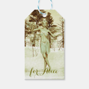 Etiqueta Para Presente Fada de Gelo Vintage em Floresta de Inverno