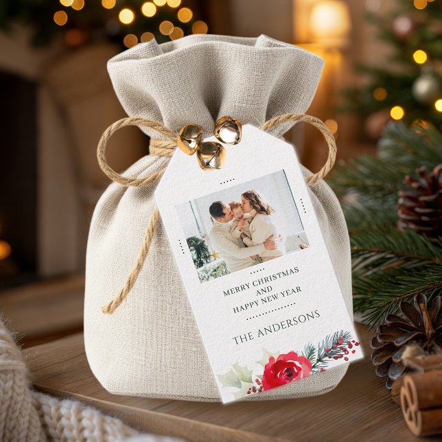 Etiqueta Para Presente Family Photo Personalized Floral Christmas (Criador carregado)
