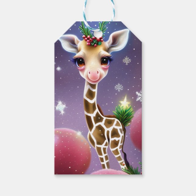 Etiqueta Para Presente Fantasia Adorável, Baby Giraffe com Holly (Frente)