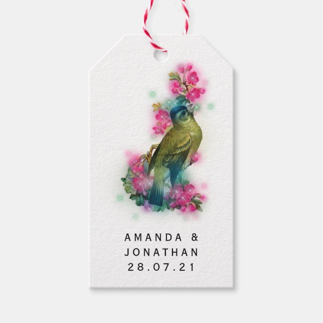 Etiqueta Para Presente Fantasia Floral de Pássaro Deslumbrante Casamento (Frente)