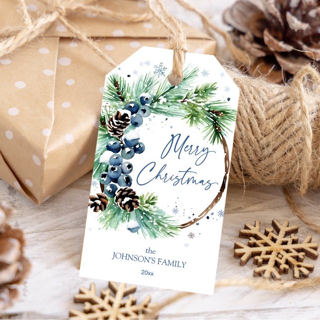 Etiqueta Para Presente Farinha-de-natal amora-de-inverno (Christmas pine wreath with blue winter berries gift tags Merry Christmas gift tags dusty blue)