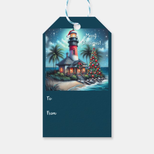 Etiqueta Para Presente Farol Tropical de Natal Whimsical Vermelho Teal (Frente)
