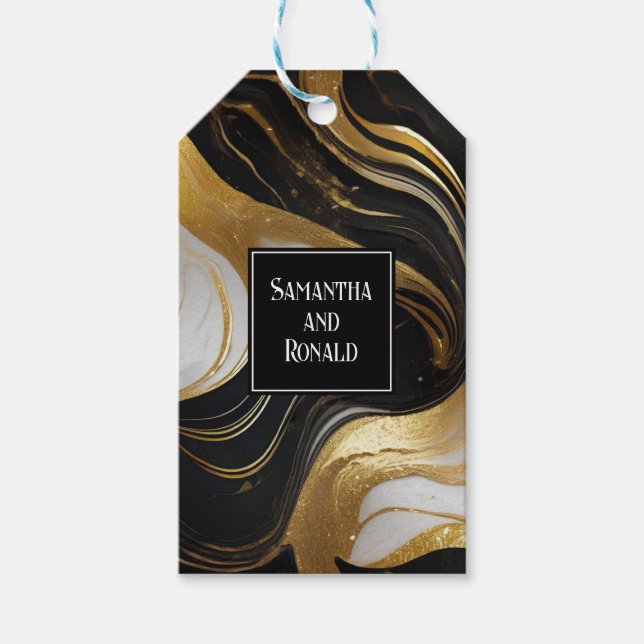 Etiqueta Para Presente Faux Dourado, Casamento Branco Negro Marmoreado (Frente)